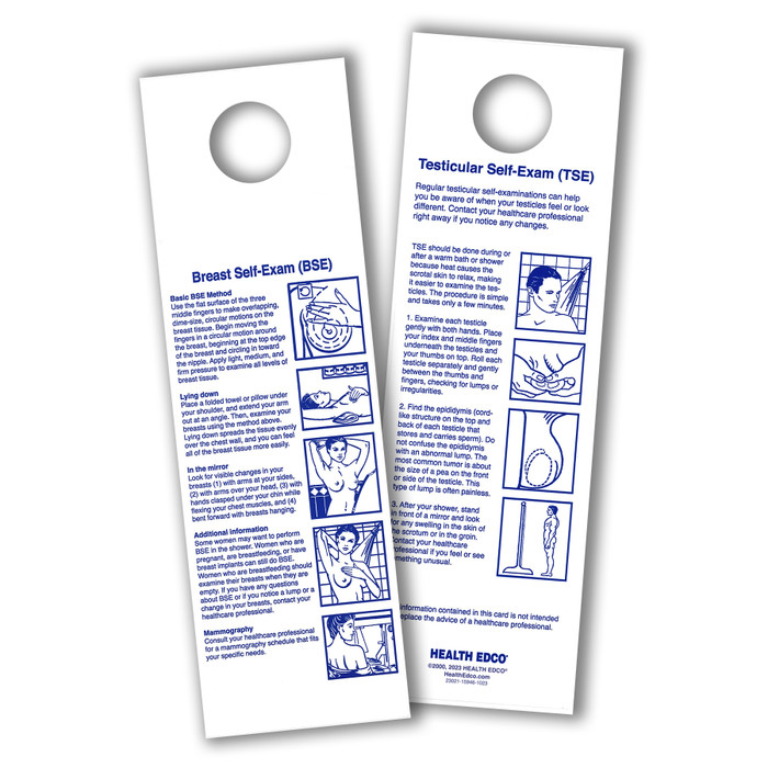 Breast Self Exam (BSE) & Testicle Self-Exam (TSE) showercard, two-sided info & diagrams vinyl for shower, Health Edco, 23021