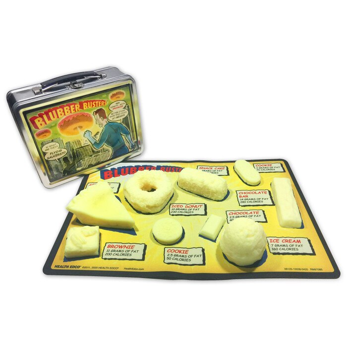 Blubber Busters Display for nutrition education by Health Edco with 9 squishy junk food models made of simulated fat, 26125