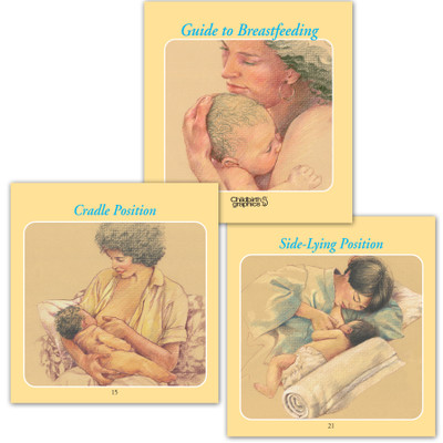 pocket-sized guide to breastfeeding chart set, image of cover and two inside panels, various breastfeeding topics discussed with presentation notes, Childbirth Graphics, 38500