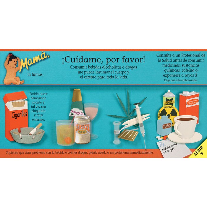 pamphlet/poster emphasizing pregnant mothers observing MyPlate guidelines and avoiding bad behaviors Spanish version, inside pamphlet image showing behaviors to avoid, Childbirth Graphics, 38522