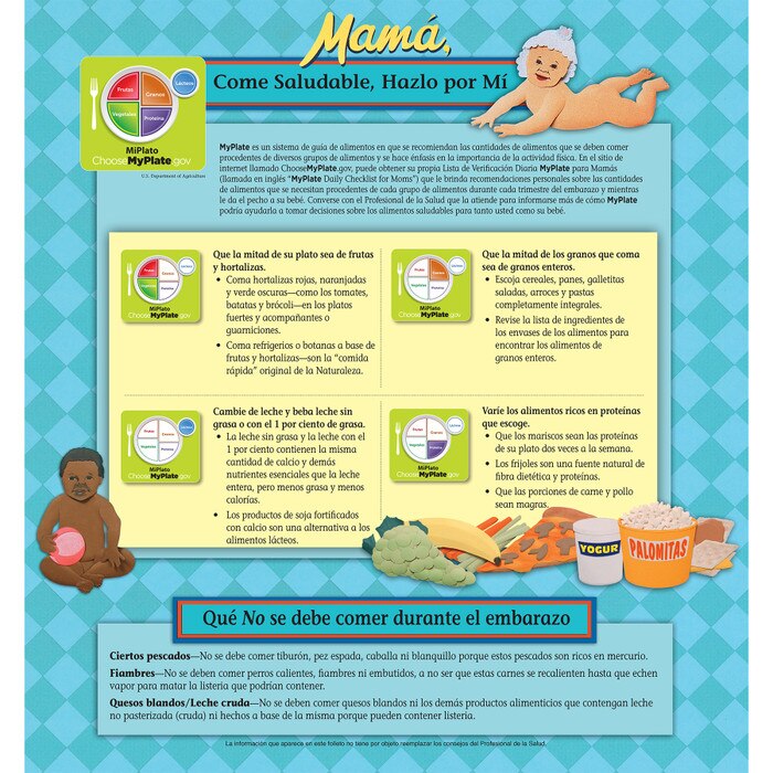 pamphlet/poster emphasizing pregnant mothers observing MyPlate guidelines and avoiding bad behaviors Spanish version, fold-out poster image showing MyPlate guidelines, Childbirth Graphics, 38522