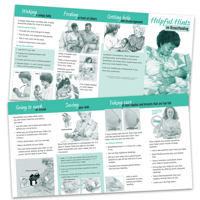 helpful hints on breastfeeding pamphlet, two-color illustrated hints on breastfeeding pamphlet front and back shown, Childbirth Graphics, 38532