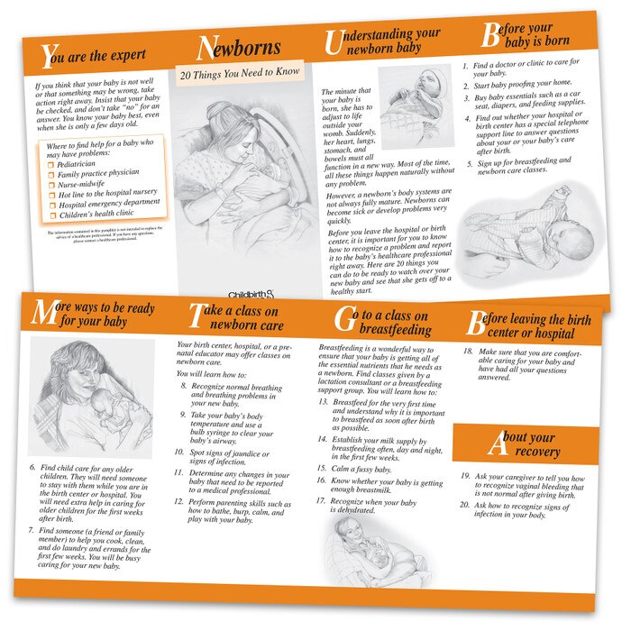 Newborns 20 Things You Need to Know two-color pamphlet front and back, 38624