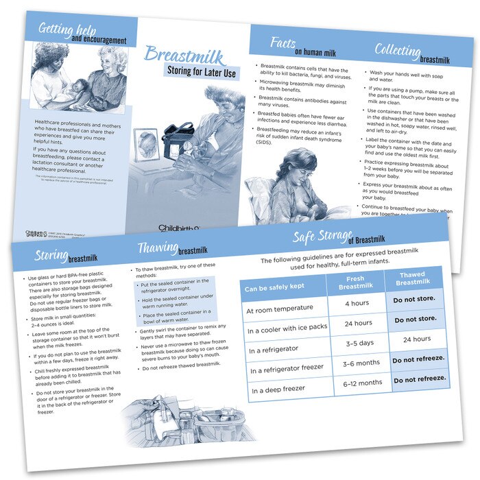 Breastmilk Storing for Later Use two-color illustrated pamphletfront and back, collecting and storing breastmilk, Childbirth Graphics, 38651