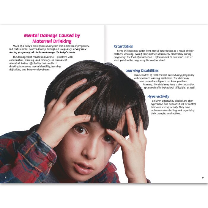 Alcohol and Pregnancy 16-page booklet inside spread, mental damage caused by maternal drinking child holding head with both hands, Health Edco, 40053