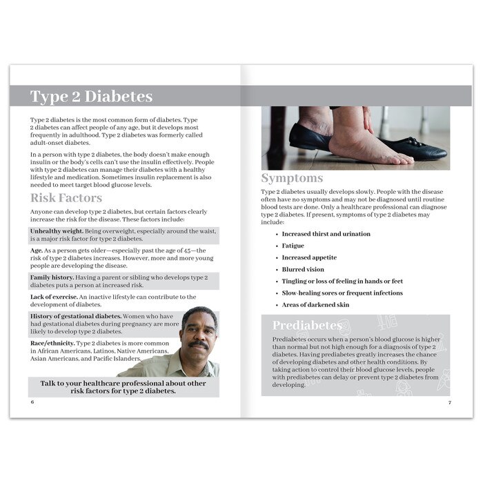 Diabetes booklet for diabetes and health education from Health Edco, pages about type 2 diabetes symptoms and risks, 40065