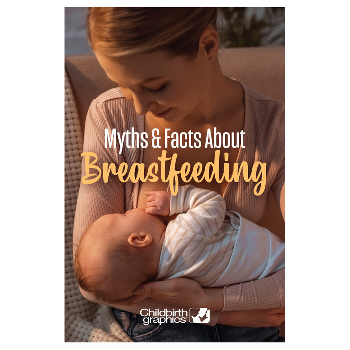 Myths and Facts About Breastfeeding 16-page booklet cover, mother lifting baby above head, Childbirth Graphics, 40338