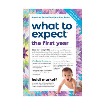 What to Expect the First Year Book 3rd edition cover, quilt background young Asian baby, Childbirth Graphics, 50901