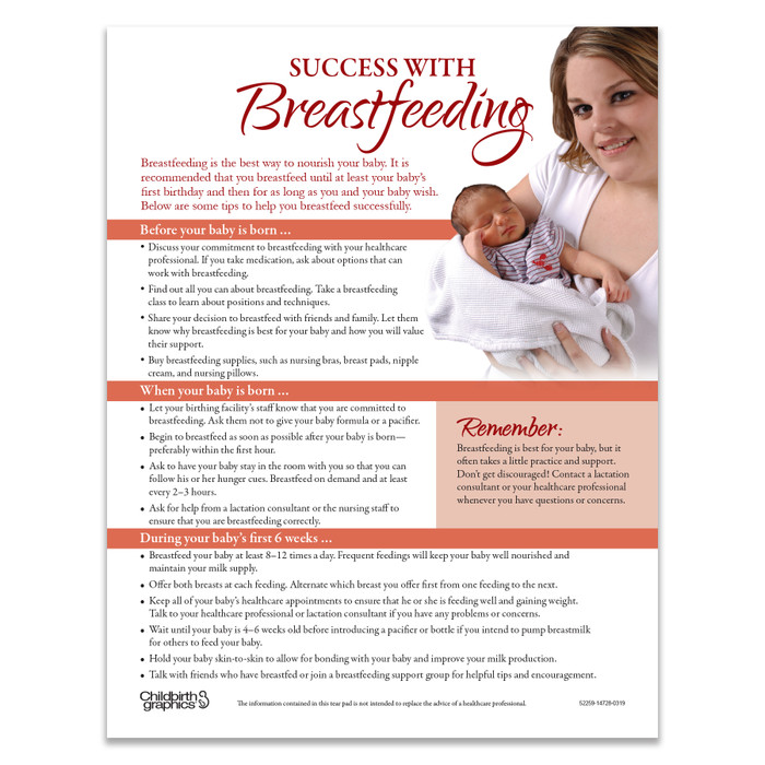 Success With Breastfeeding Tear Pad for lactation education by Childbirth Graphics, English side of breastfeeding tips, 52259