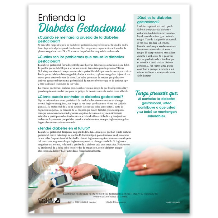 Understanding Gestational Diabetes Tear Pad, Childbirth Graphics pregnancy education teaching resource, Spanish side, 52498