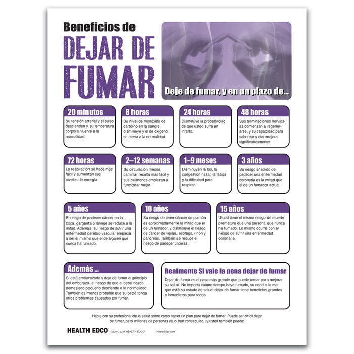 Benefits of Quitting Smoking Tear Pad from Health Edco showing Spanish text of English / Spanish handout, 52502