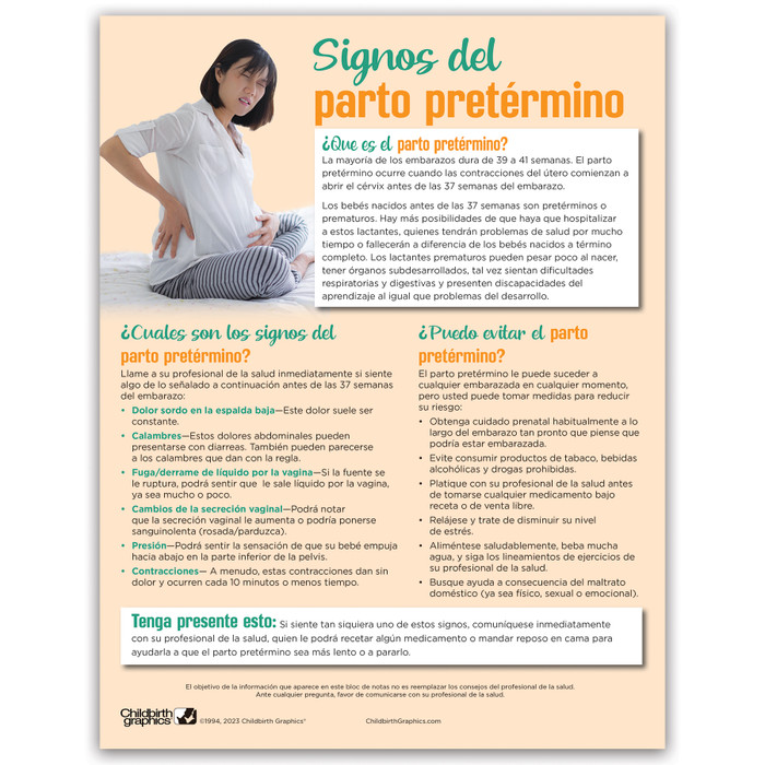Signs of Preterm Labor Tear Pad by Childbirth Graphics, Spanish side of handout explaining preterm labor warning signs, 52515