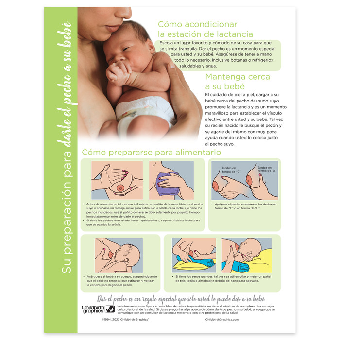 Getting Ready to Breastfeed Tear Pad Spanish side, lactation education materials for new parents, Childbirth Graphics, 52518