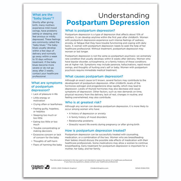 Understanding Postpartum Depression Tear Pad by Childbirth Graphics, English side of educational handout for new moms, 52540