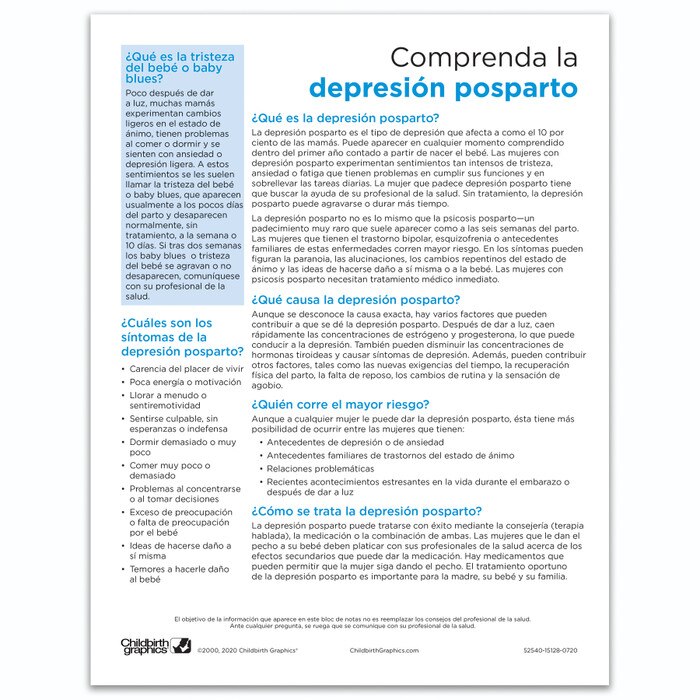 Understanding Postpartum Depression Tear Pad by Childbirth Graphics, Spanish side of educational handout for new moms, 52540