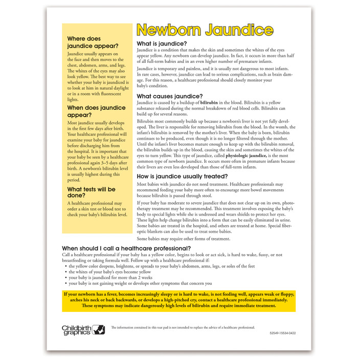Newborn Jaundice 2-color tear pad, what jaundice is and how it is treated questions & answers, Childbirth Graphics, 52549