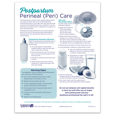 Perineal Care Tear Pad, women's postpartum education tear pad, English care instructions, Childbirth Graphics, 52558