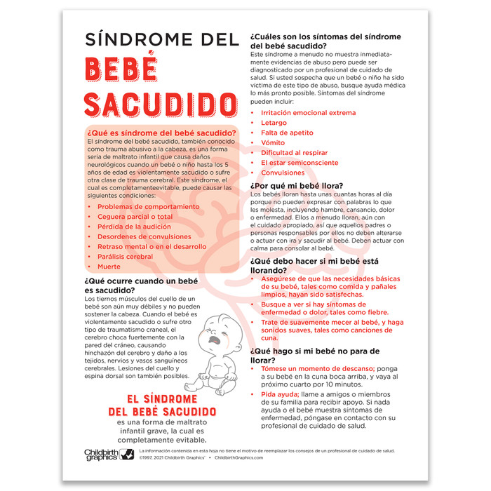 Shaken Baby Syndrome Tear Pad, Spanish side of parenting education handout, Childbirth Graphics educational materials 52564