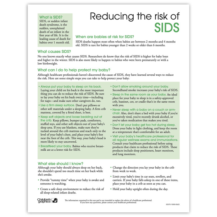 Reducing the Risk of SIDS 2-color tear pad English side, what SIDS is causes protection, Childbirth Graphics 52570