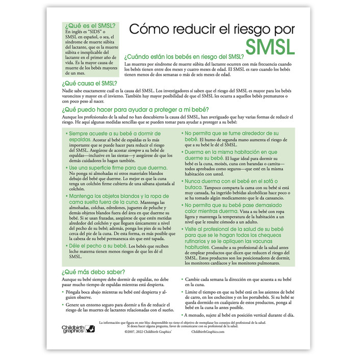 Reducing the Risk of SIDS 2-color tear pad Spanish side, what SIDS is causes protection, Childbirth Graphics 52570