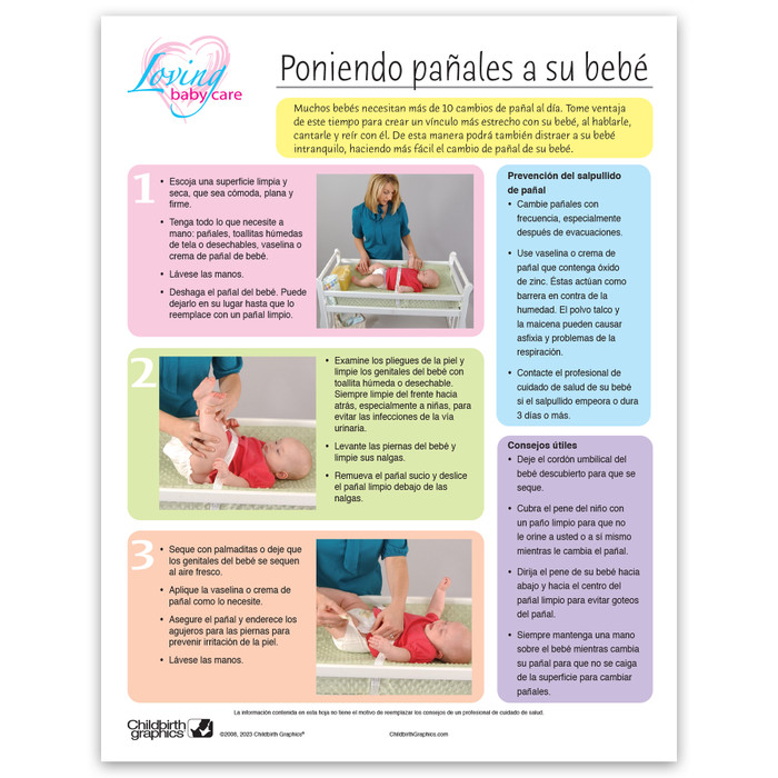 Loving Baby Care Diapering Your Baby Tear Pad by Childbirth Graphics Spanish text to teach diapering techniques, 52606
