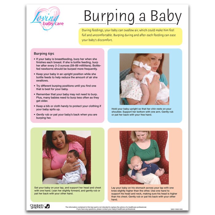 Burping a baby full-color tear pad, color blocks list tips and positions for burping, Childbirth Graphics 52621