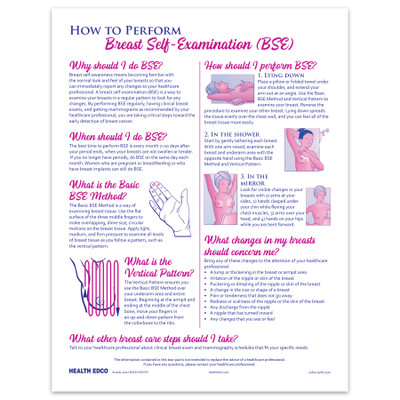 How to Perform Breast Self-Examination BSE 2-color illustrated tear pad English front, Health Edco 52623