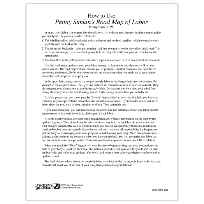 Penny Simkin's Road Map of Labor from Childbirth Graphics, handout for expectant parents for labor comfort measures, 52725