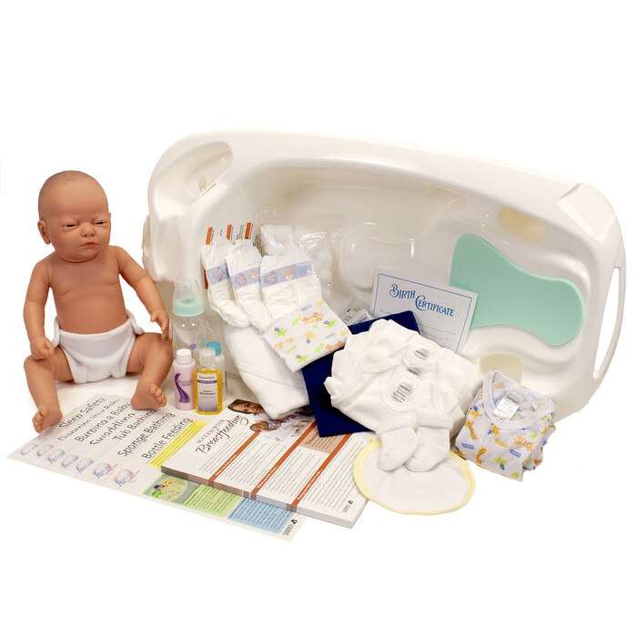 Newborn Care Kit for childbirth education and infant care teaching tool, Childbirth Graphics with doll and care items, 75415