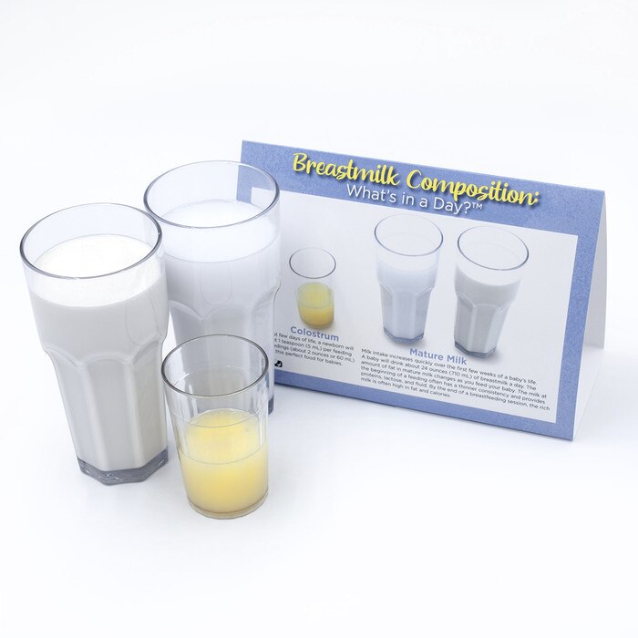 Breastmilk Composition: What's in a Day? Display from Childbirth Graphics for breastfeeding education with breastmilk models