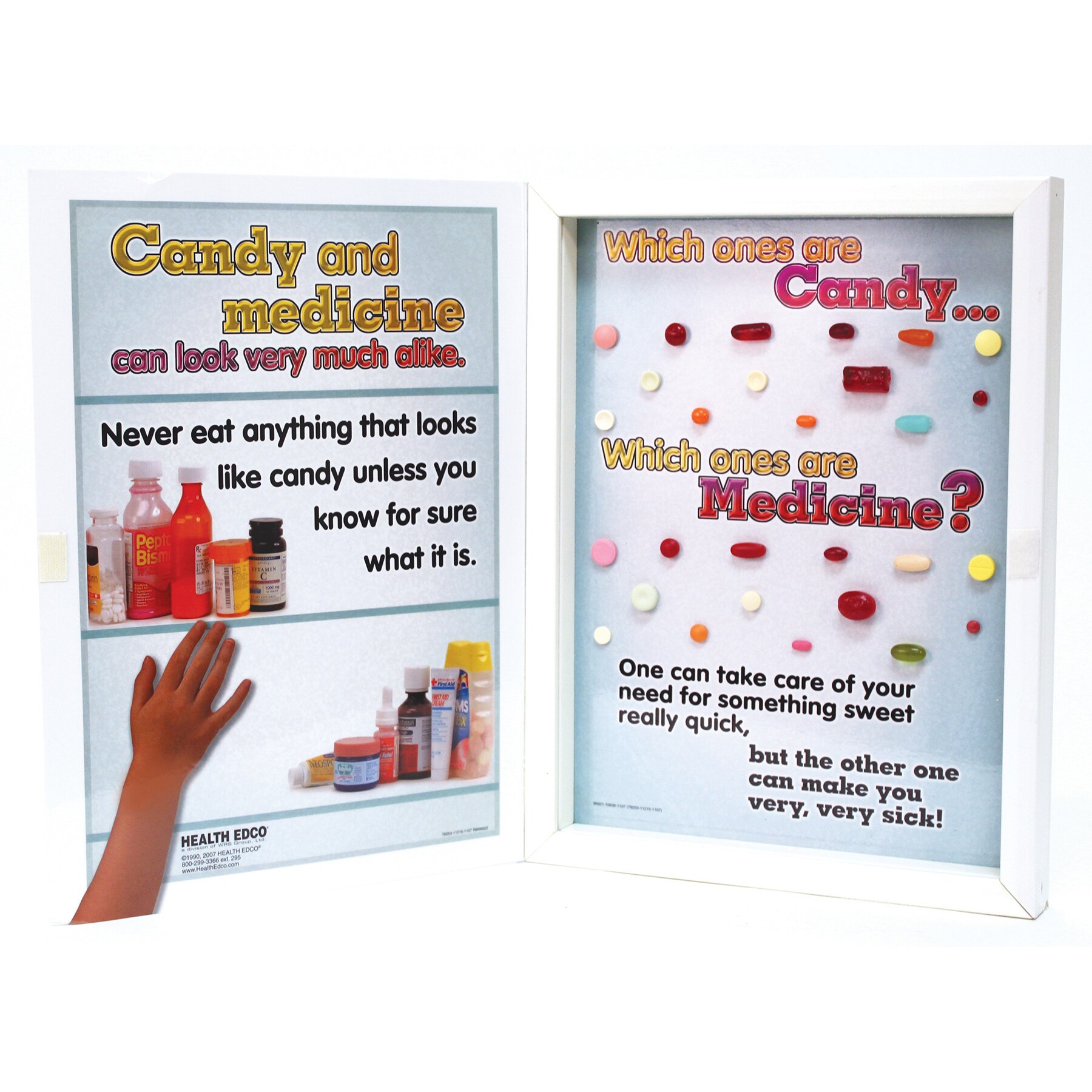 medicine cabinet or candy box display flyers or brochures about shaken baby syndrome