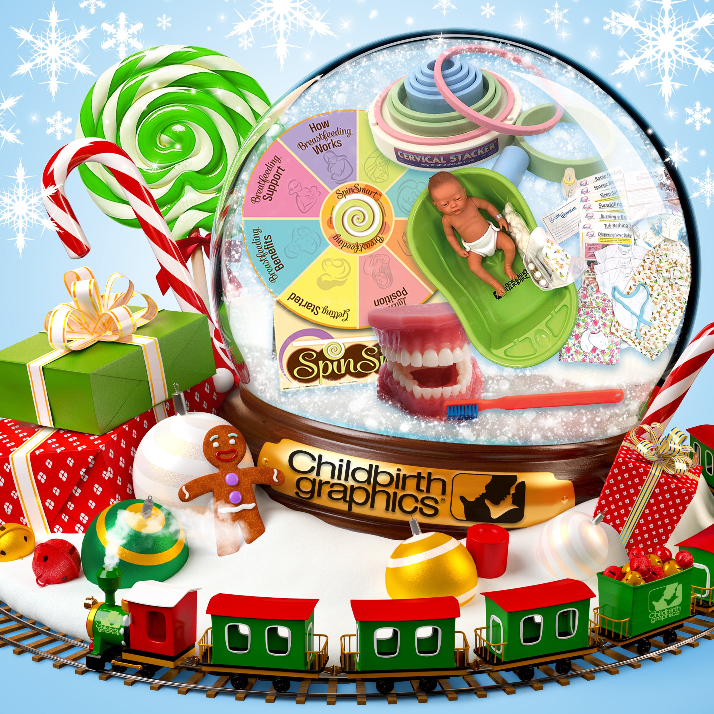 Seasonal snowglobe containing Childbirth Graphics childbirth education materials and models