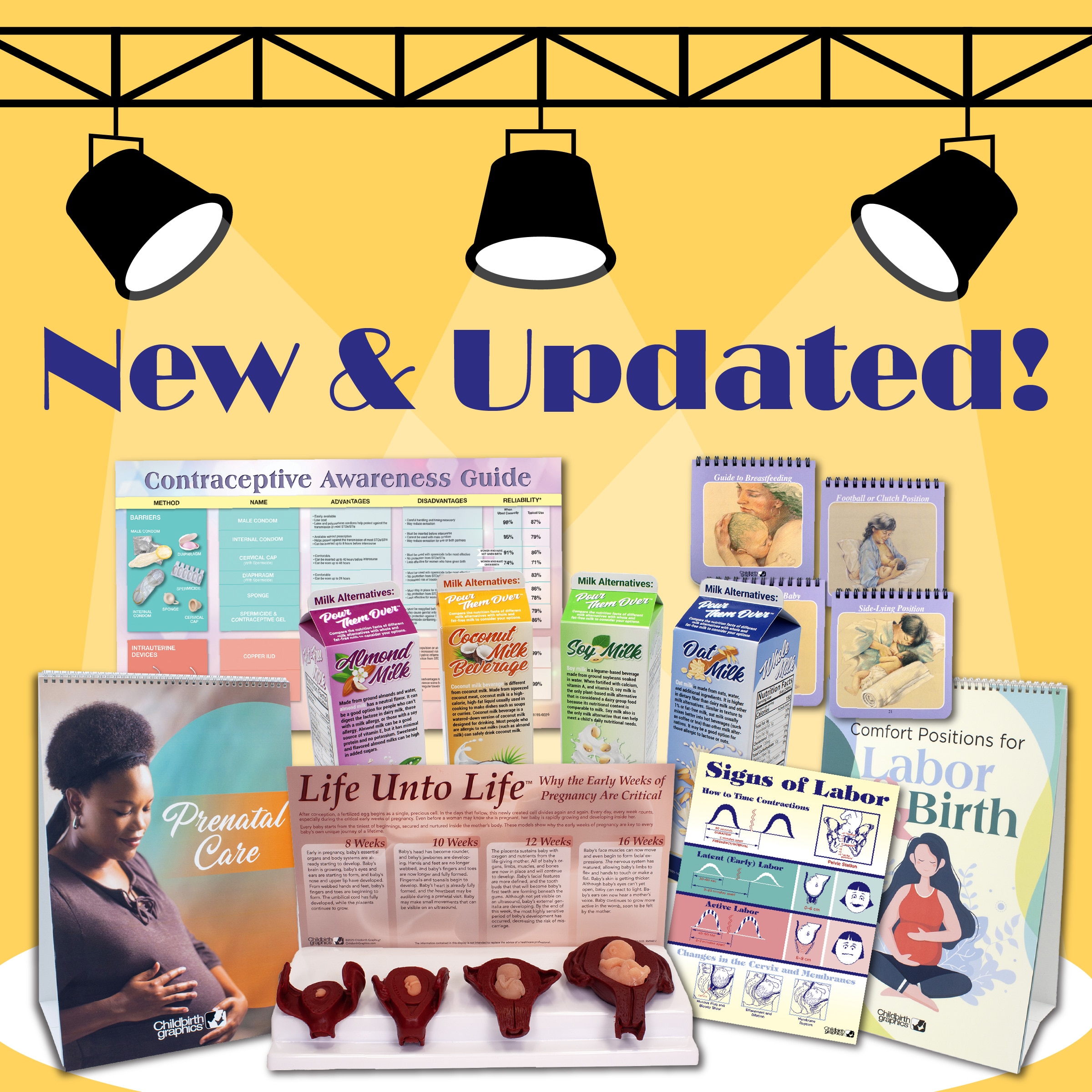 Graphic highlighting Childbirth Graphics new and updated childbirth and breastfeeding education materials and models