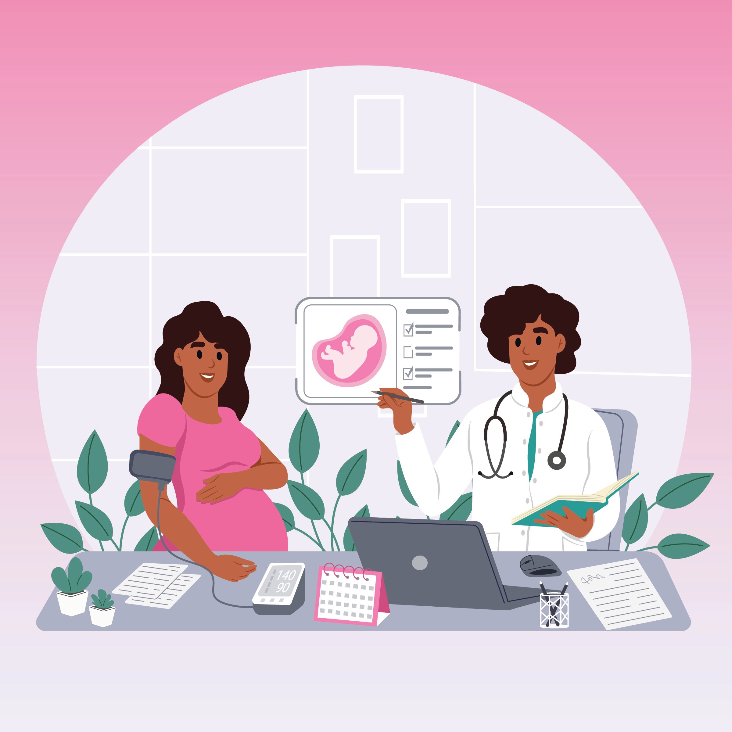 Healthcare professional checking an expectant mother's blood pressure, Childbirth Graphics preeclampsia education tools