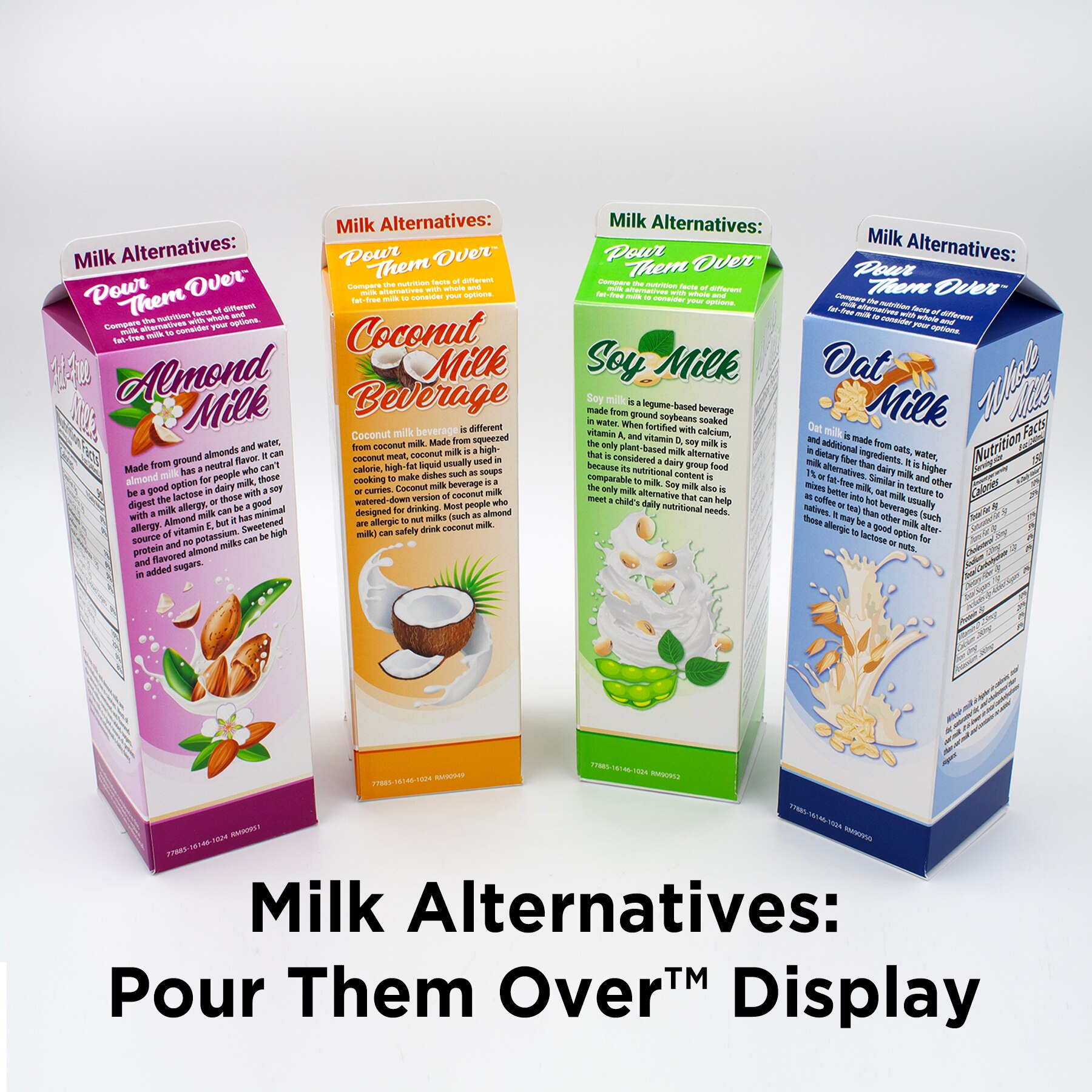 Milk Alternatives: Pour Them Over Display, colorful set of education cartons with nutrition information, Health Edco, 77885