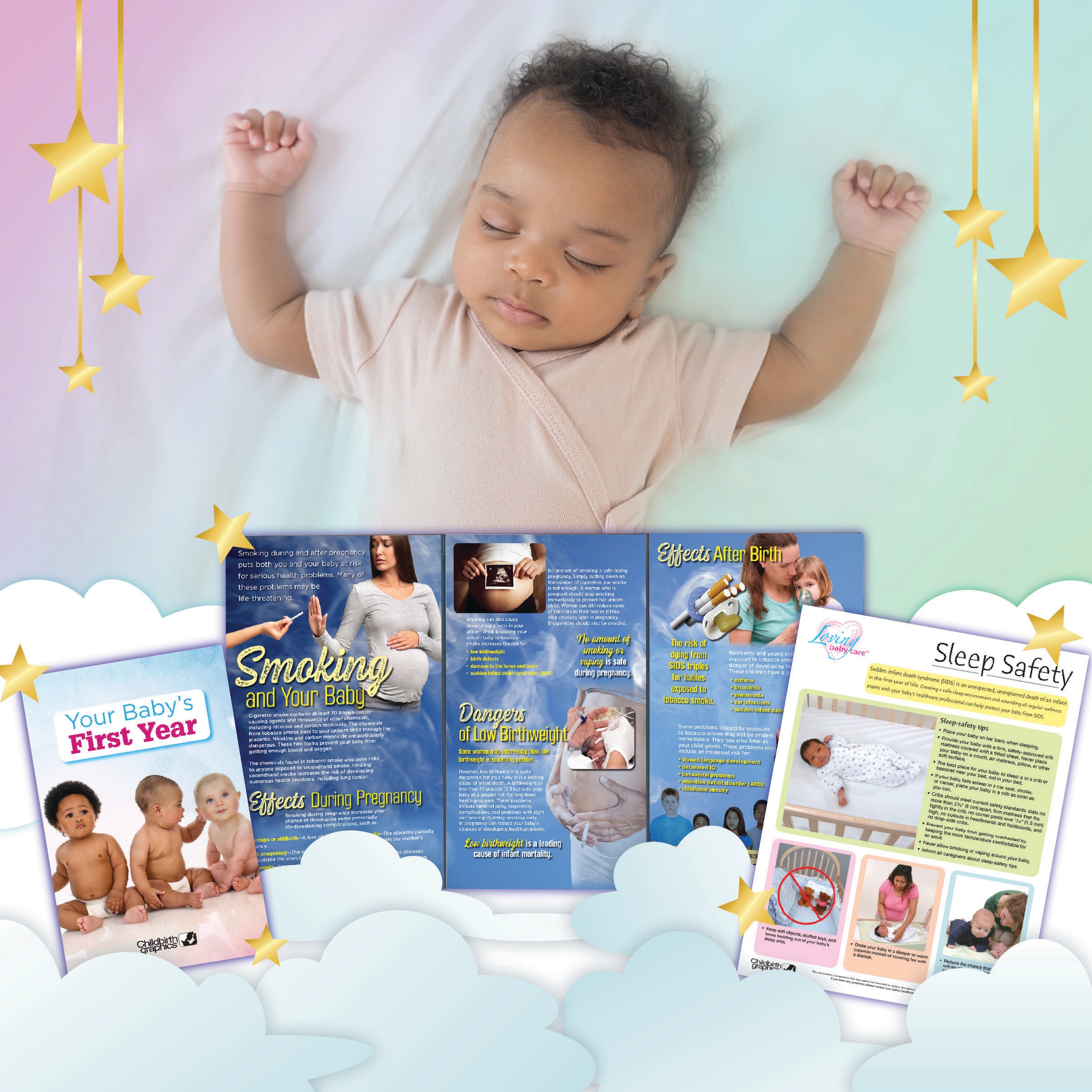 SIDS awareness, baby sleeping on his back and Childbirth Graphics products promoting sleep safety practices