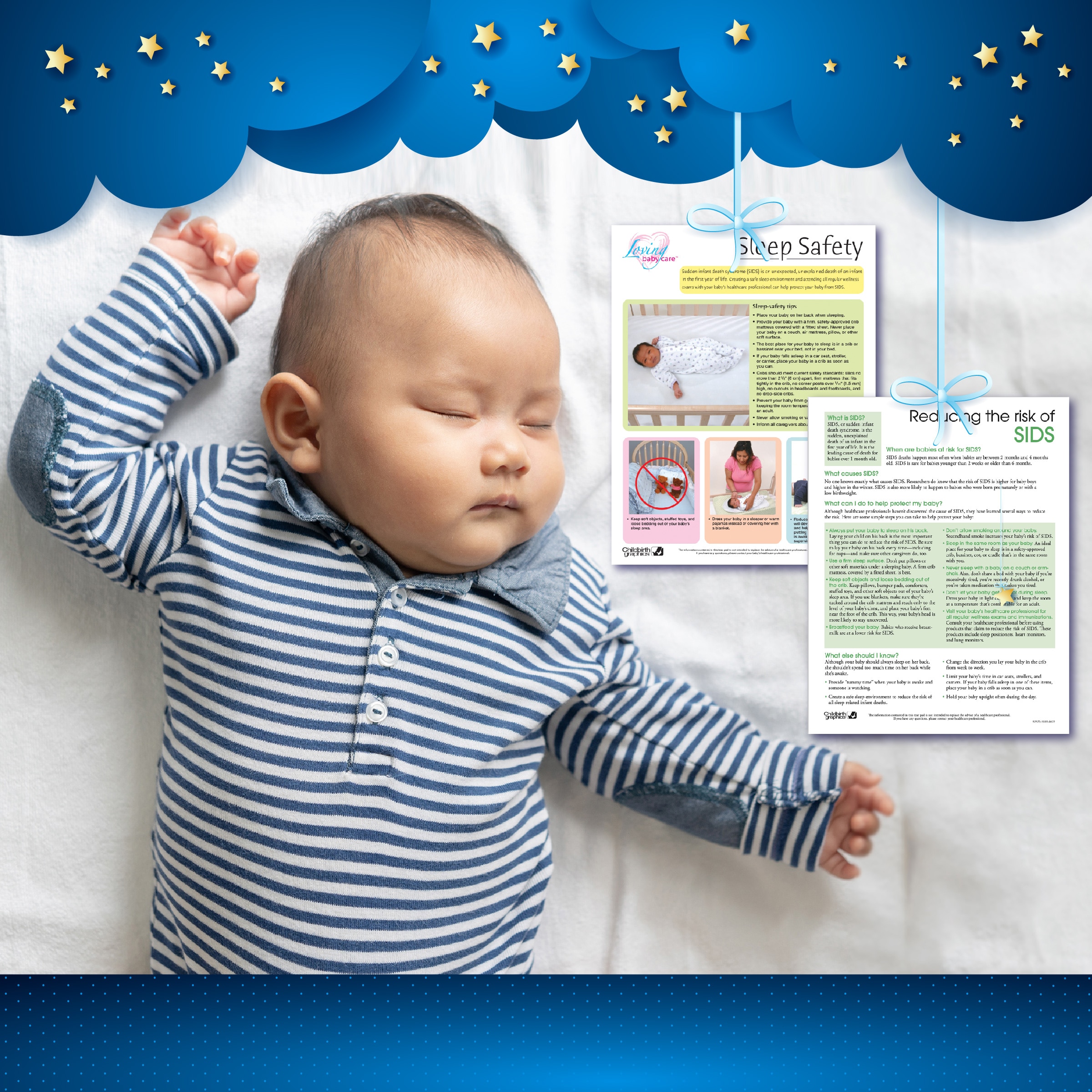 Baby sleeping on his back and Childbirth Graphics SIDS prevention educational materials