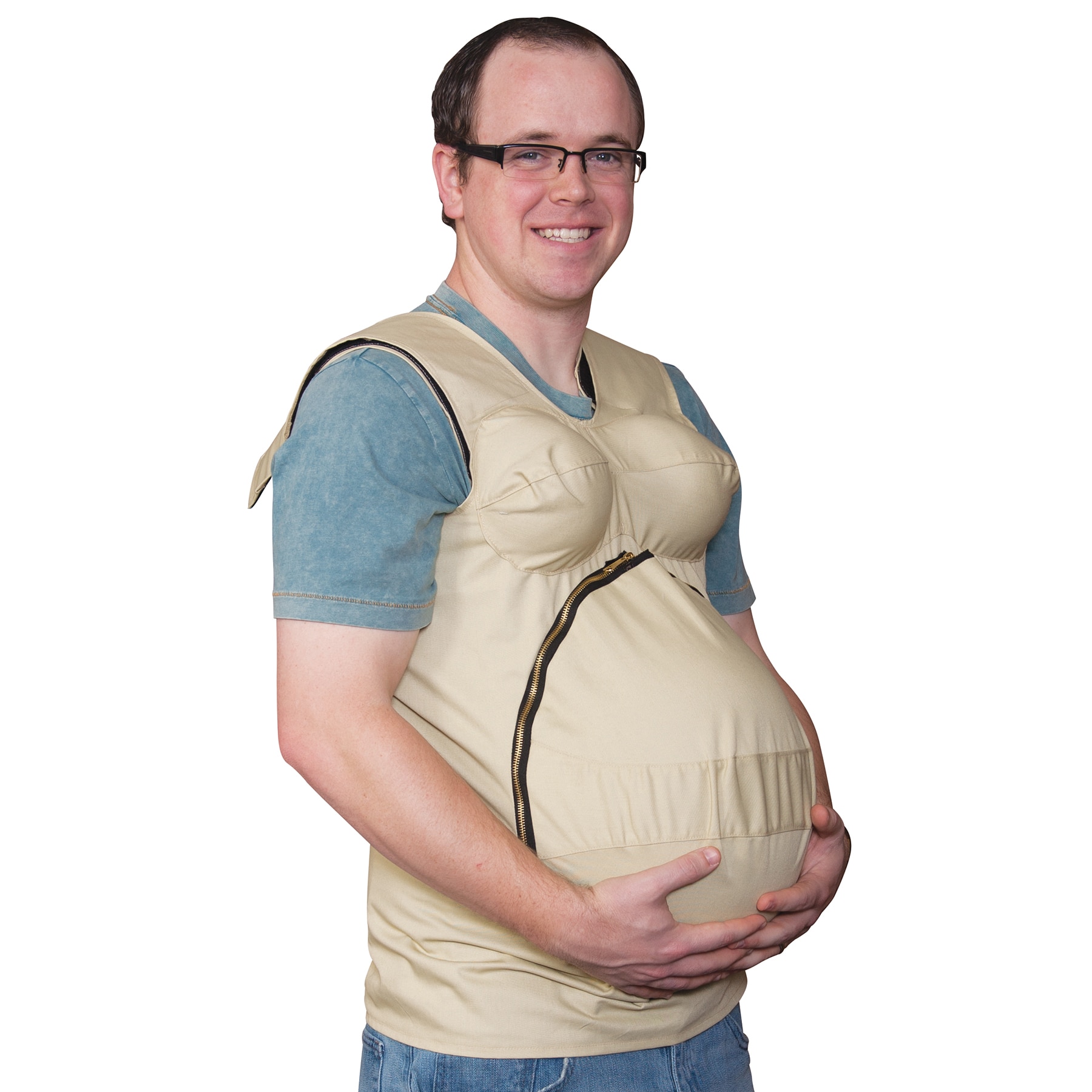 Expectant father wearing the With Child Simulator from Childbirth Graphics